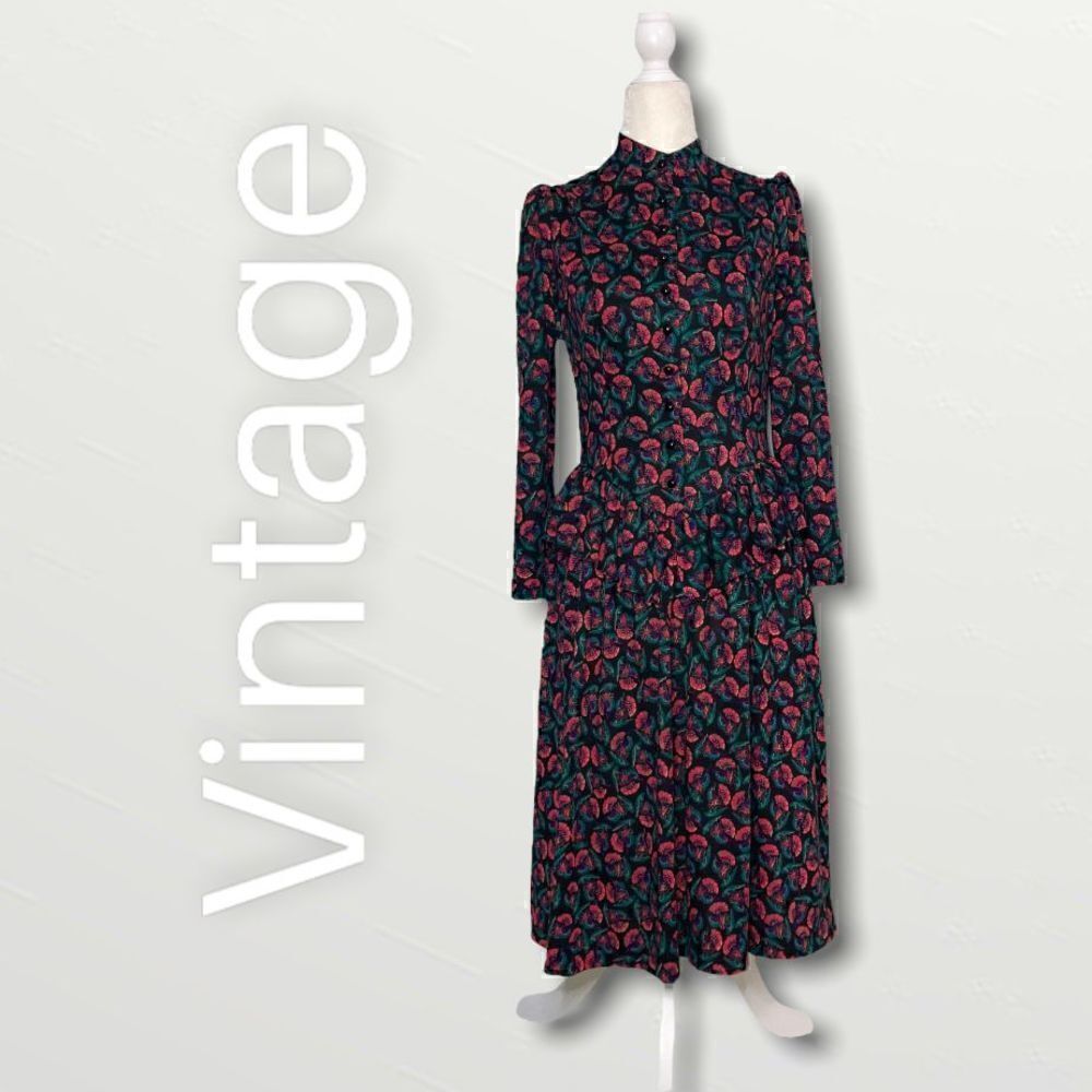 Cora’s Closet, Vintage Button Front High Neck Peplum Style Midi Dress Women’s 6